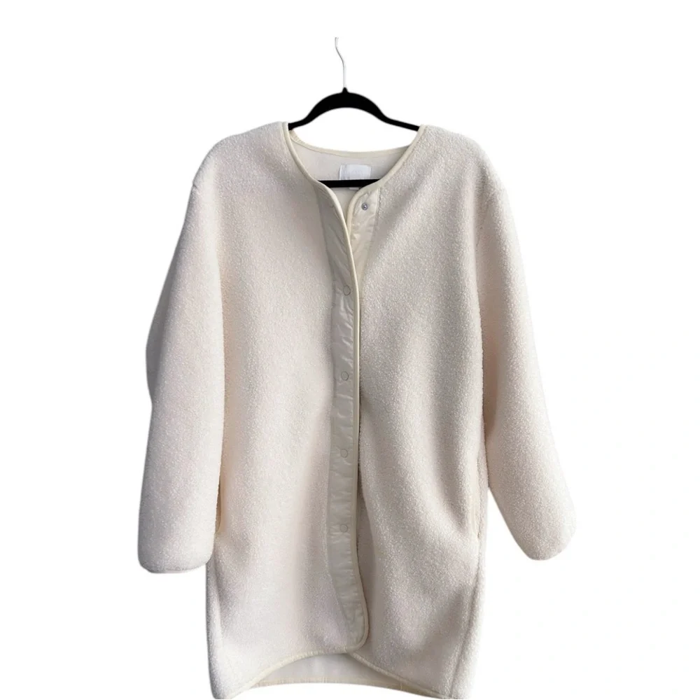 Plush textured jacket Sherpa fleece liner cozy Crewneck liner  w/ snap closure M - Picture 2 of 7